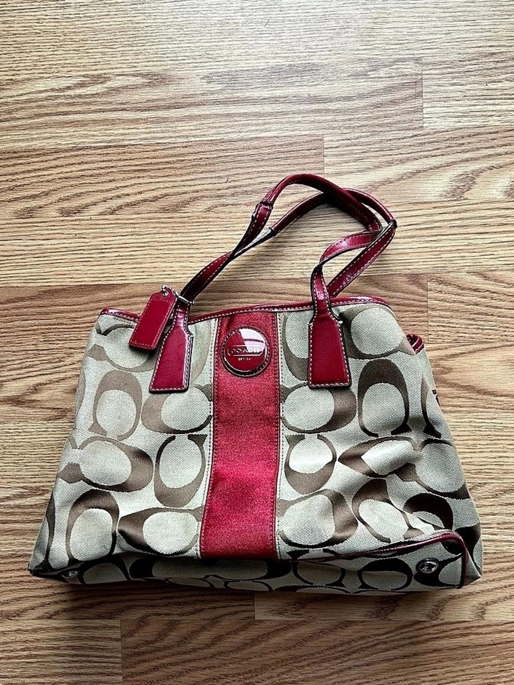 Coach Signature Stripe Tote Shoulder Bag in Brown & Red